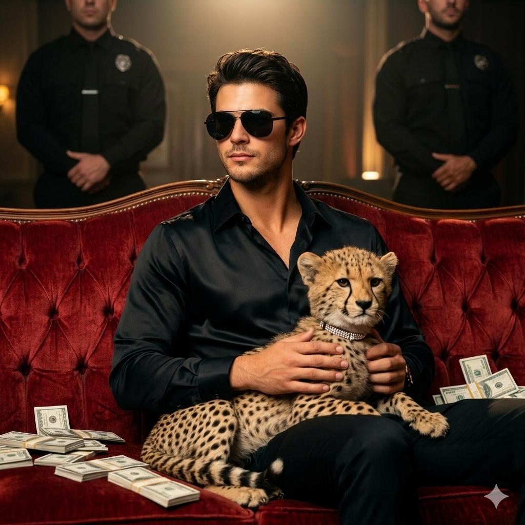 رجل أنيق مع فهد على أريكة فاخرة | Stylish Man on Luxury Sofa with Cheetah