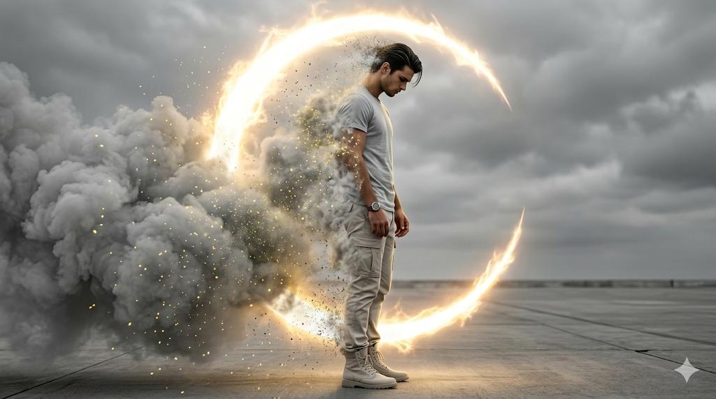 رجل يتحلل إلى دخان مضيء | Man Dissolving Into Luminous Smoke