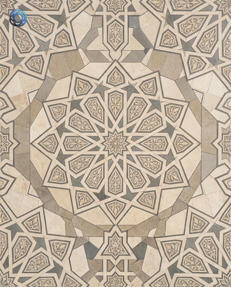لقطة علوية: نمط هندسي إسلامي متماثل (Top-down)