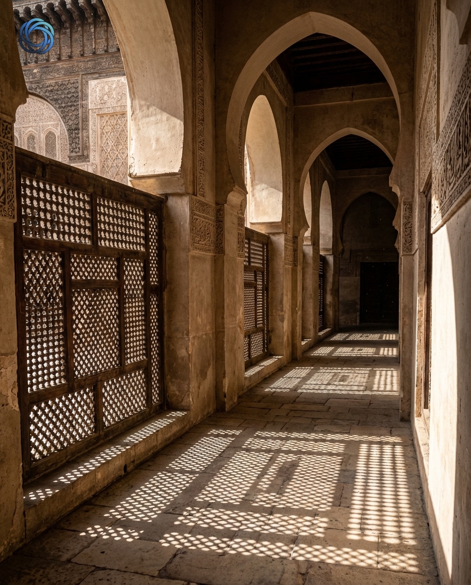 ممر أقواس إسلامية مع مشربية وظلال هندسية