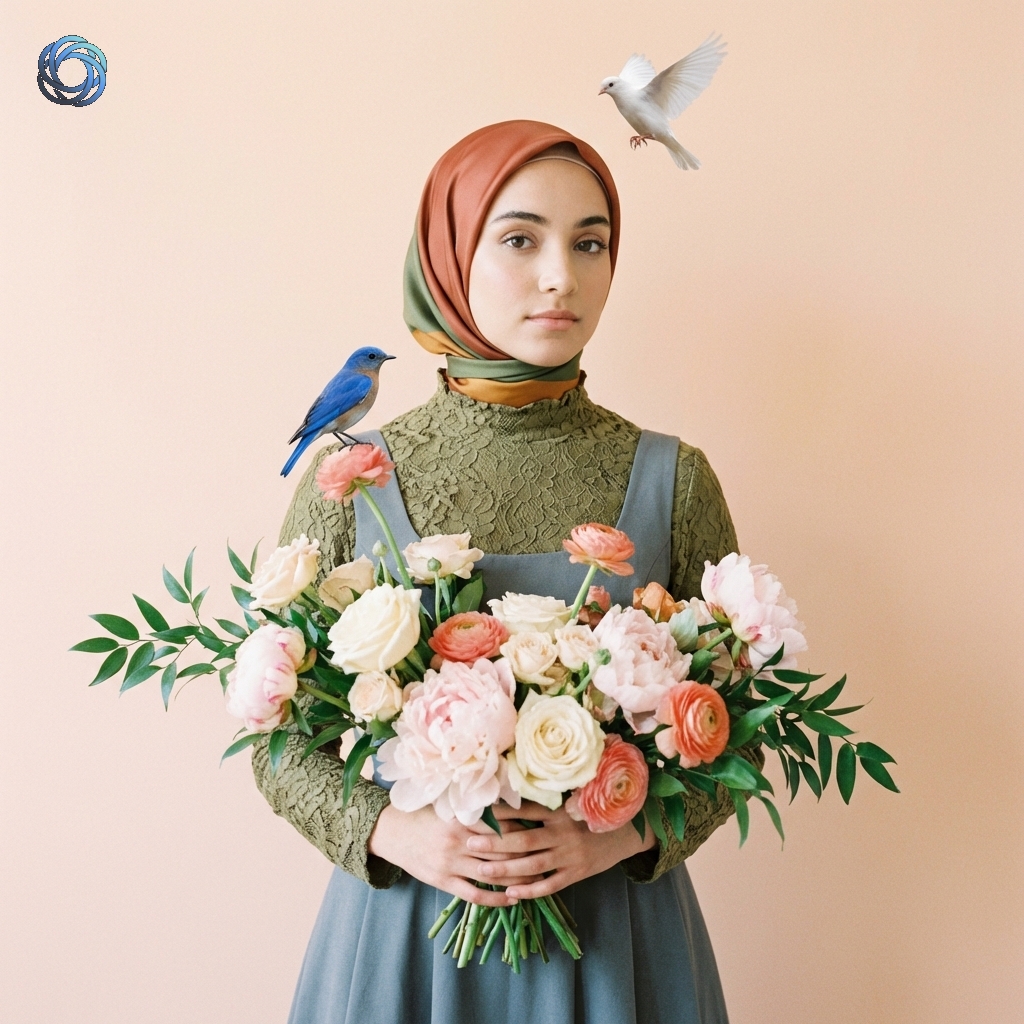 محجبة مع باقة زهور وطيور | Hijabi with Flowers and Birds