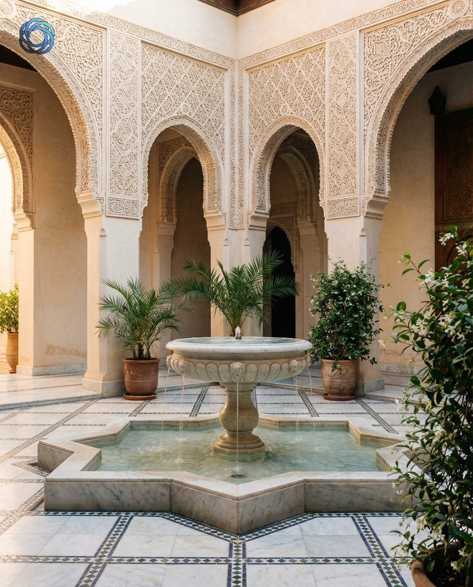 فناء إسلامي مع نافورة رخام (بدون أشخاص)
