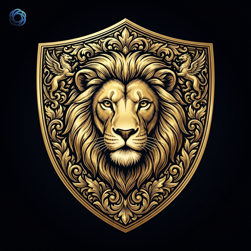 شعار درع ملكي بأسد ذهبي | Heraldic Lion Shield Logo