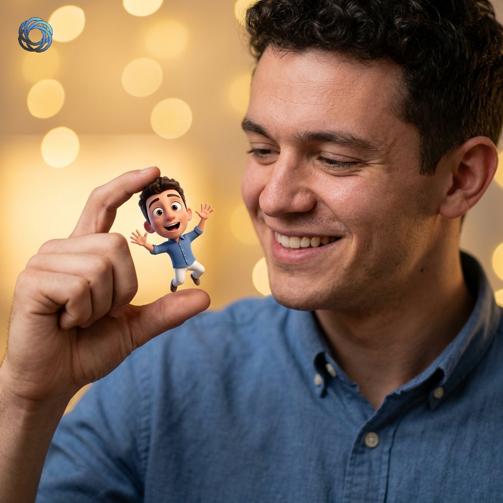 رجل يحمل نسخة كرتونية مصغرة | Man Holding Mini Cartoon Self