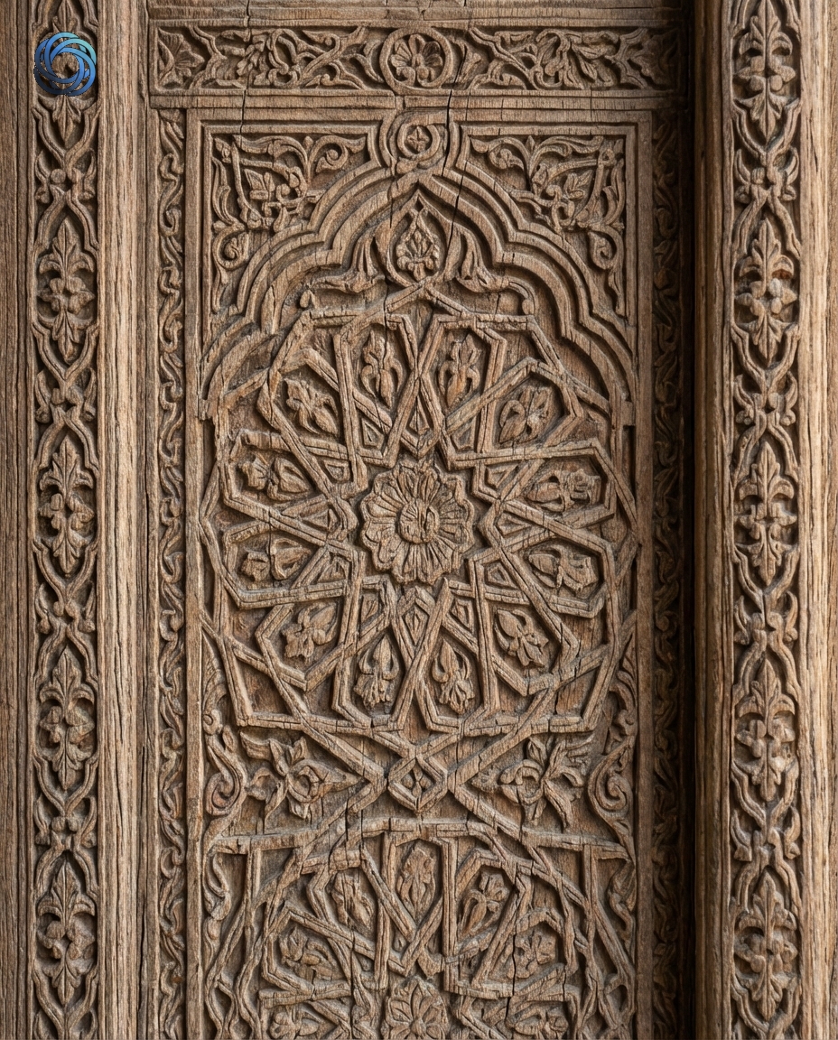 باب مسجد خشبي محفور بزخارف (ماكرو تفاصيل)