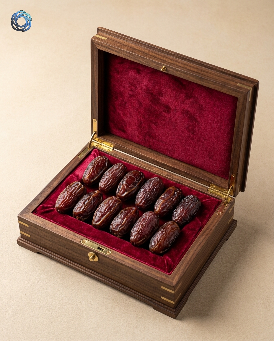 علبة تمر فاخرة مفتوحة (إضاءة إعلان)