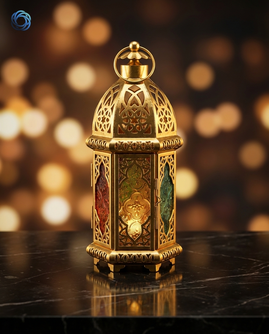 فانوس رمضان ذهبي على رخام أسود (إعلان فاخر)