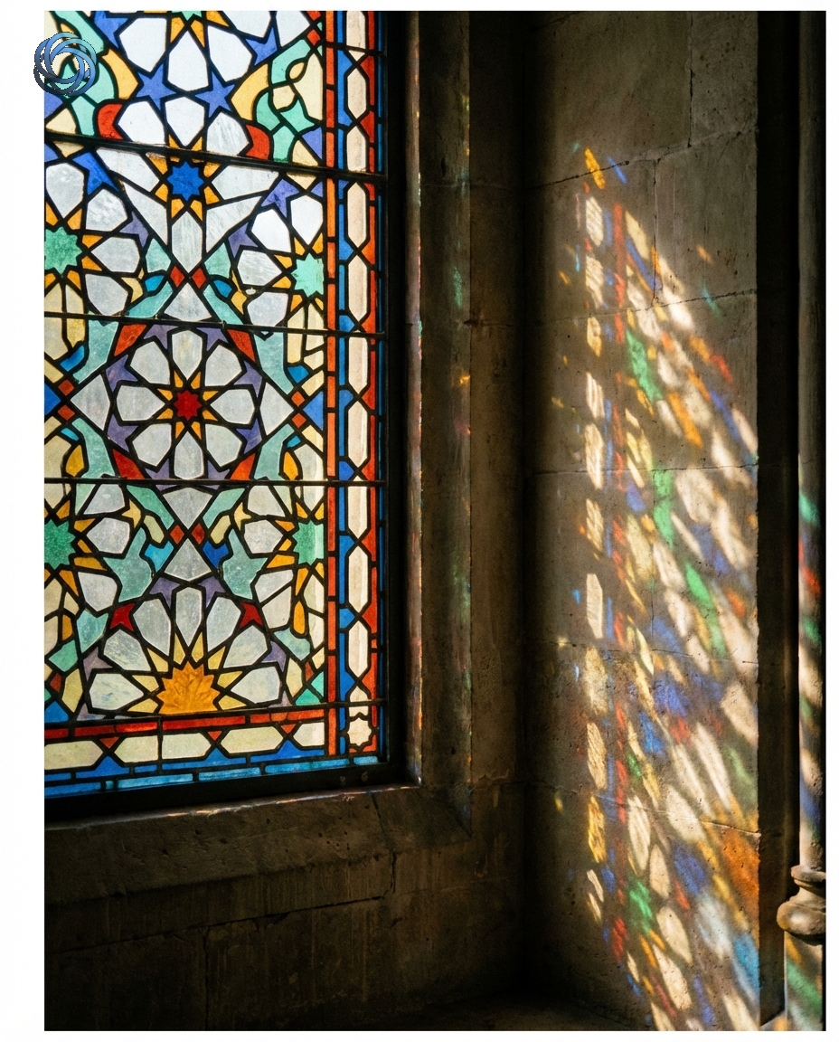 زجاج معشق بنمط إسلامي مع ضوء صباحي