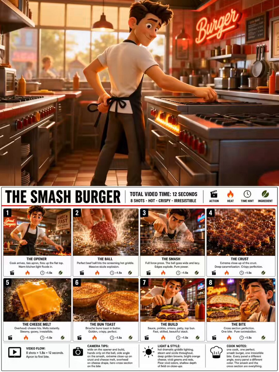 قالب إعلان برغر سماش 8 لقطات | Smash Burger 8-Shot Video Storyboard